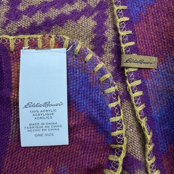 Eddie Bauer Vesper Aztec Shawl Wrap Poncho One Size Purple Blue Boho Reversible - Picture 3 of 7